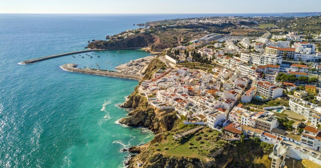 Aerial view of marina and cliffs in Albufeira, Algarve, Portugal