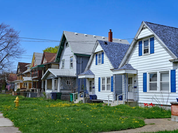 row of small American clapboard houses with gables